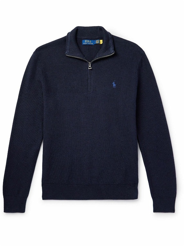 Photo: Polo Ralph Lauren - Logo-Embroidered Honeycomb-Knit Cotton Half-Zip Sweater - Blue