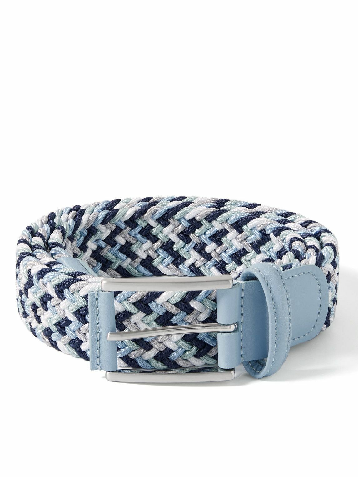 Anderson's - 3.5cm Leather-Trimmed Woven Elastic Belt - Blue Anderson's