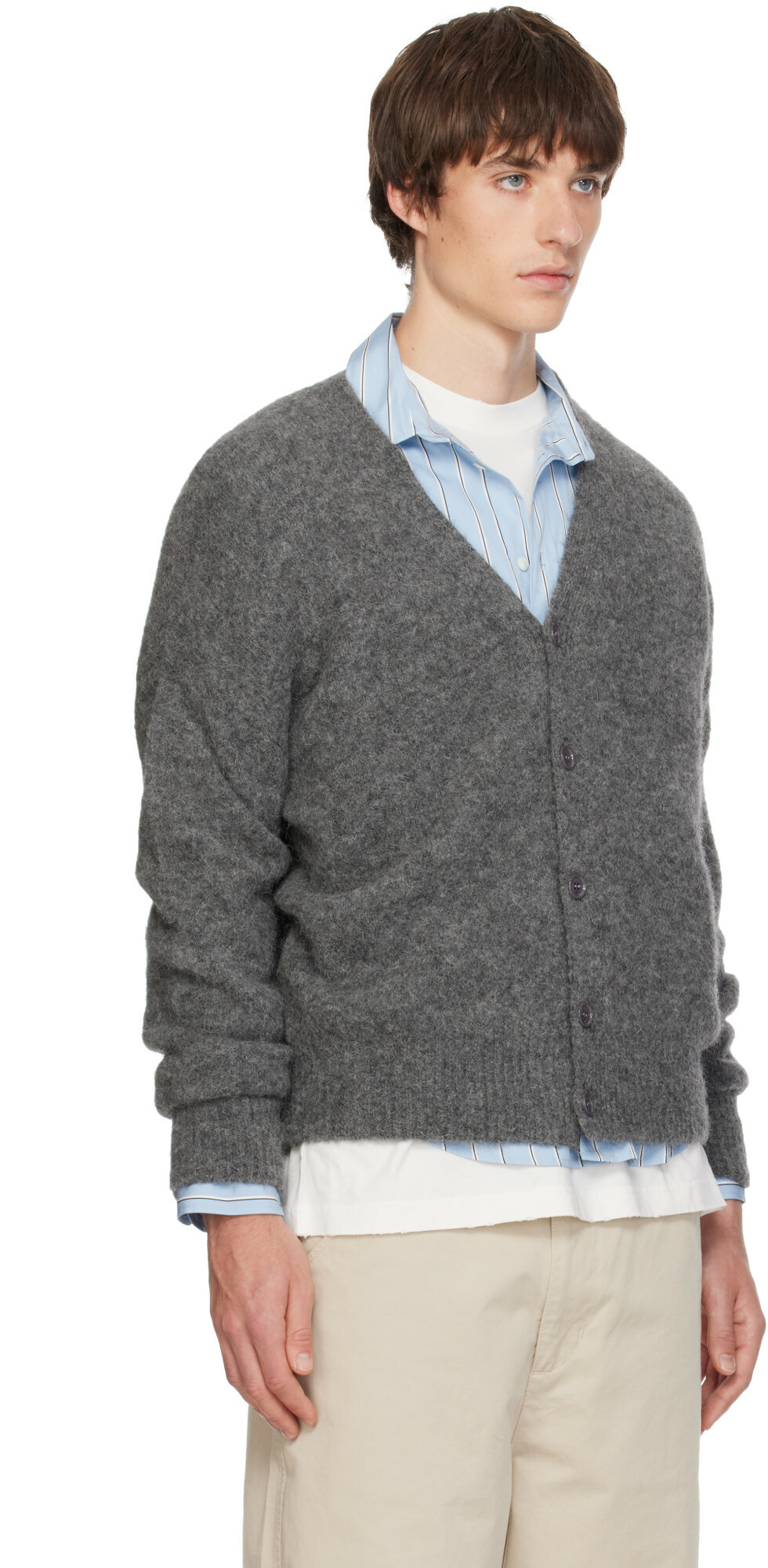 AMI Paris Gray V-Neck Ami Cardigan