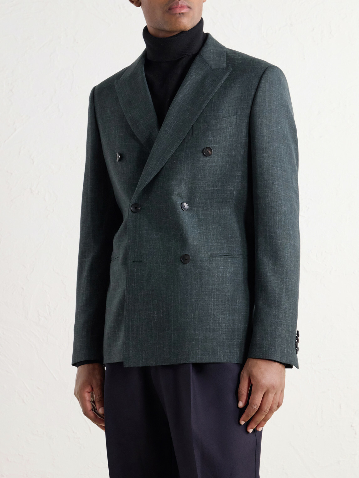 Mr P. - Double-Breasted Woven Wool, Silk and Linen-Blend Blazer - Green