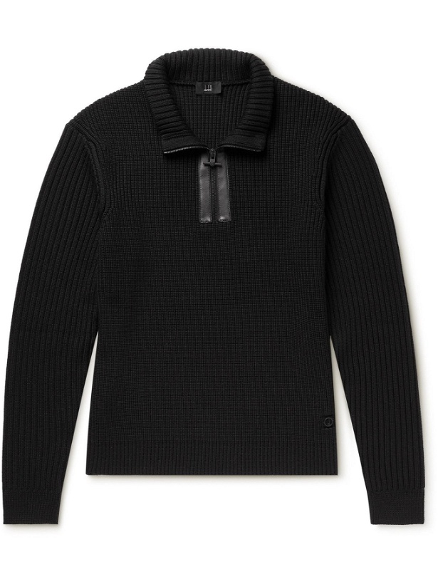 Photo: DUNHILL - Leather-Trimmed Ribbed Wool Half-Zip Sweater - Black