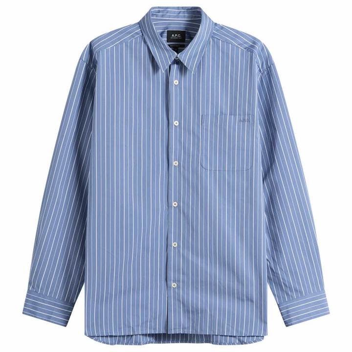 Photo: A.P.C. Men's Loose-fit blue striped shirt in Blue Grey