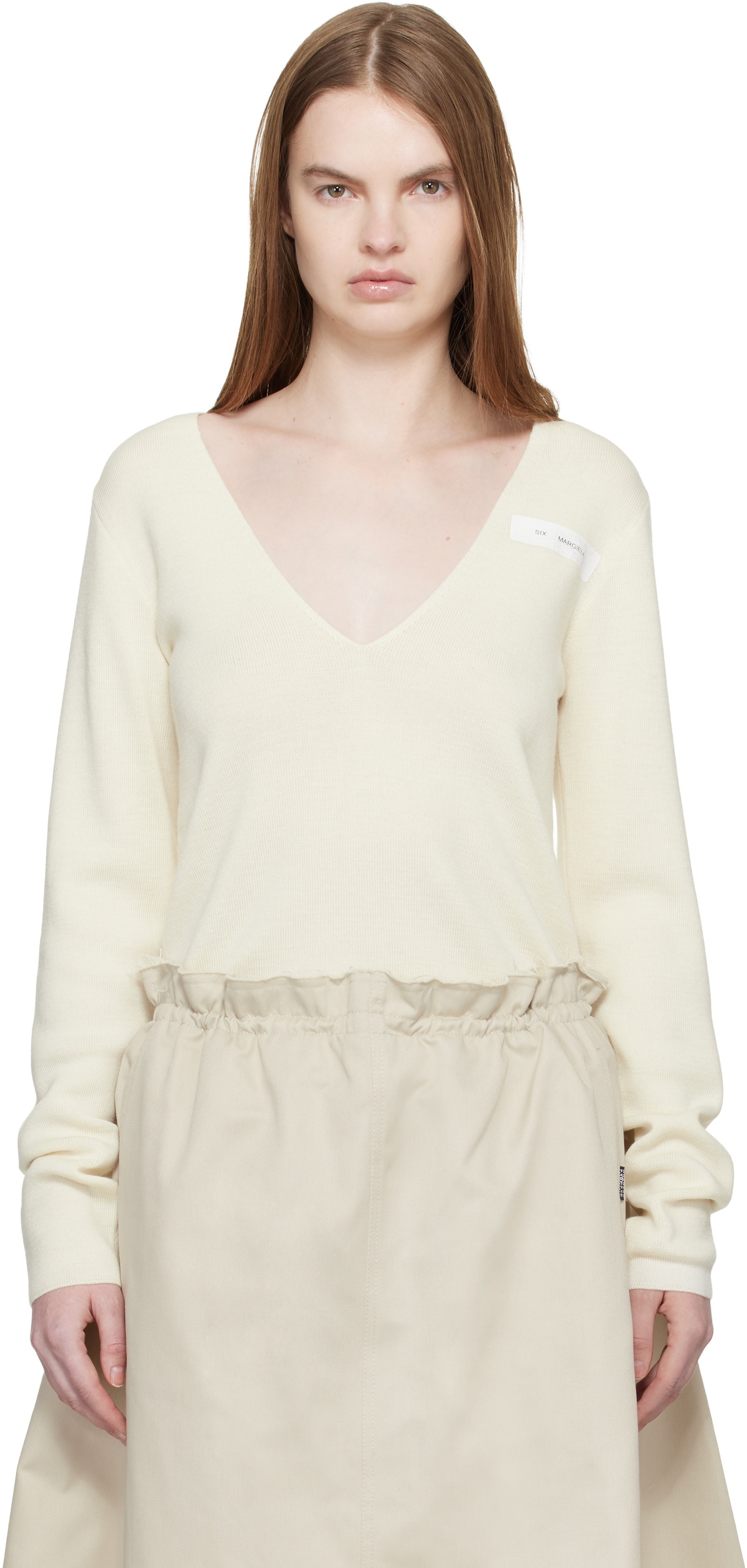 MM6 Maison Margiela Off-White V-Neck Wool Sweater