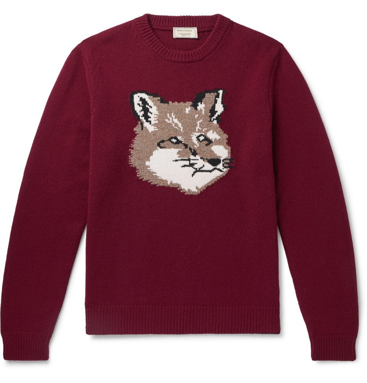 Photo: Maison Kitsuné - Logo-Intarsia Wool Sweater - Burgundy