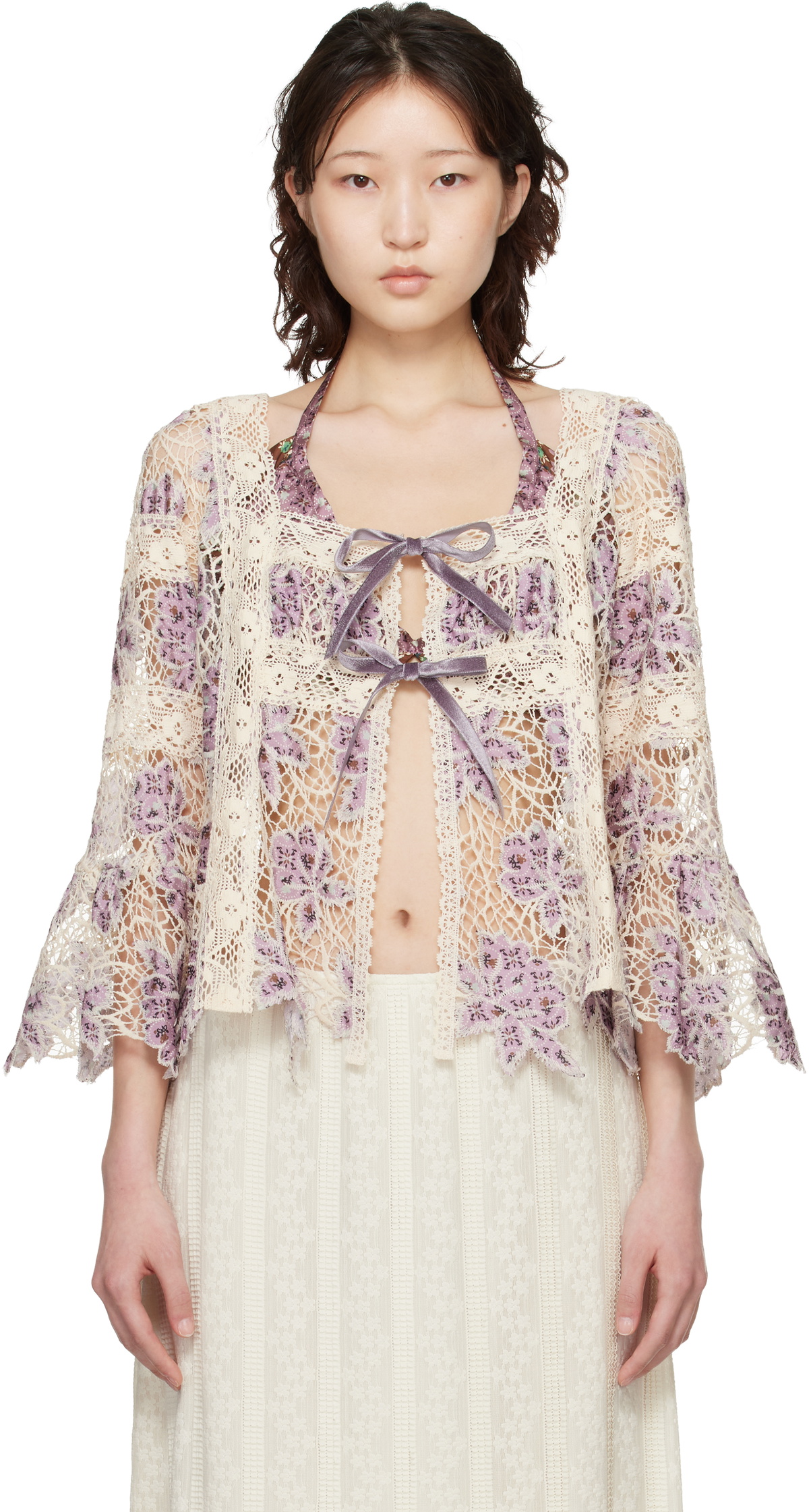 Anna Sui Purple & Off-White Medallion Floral Lace Tie Blouse