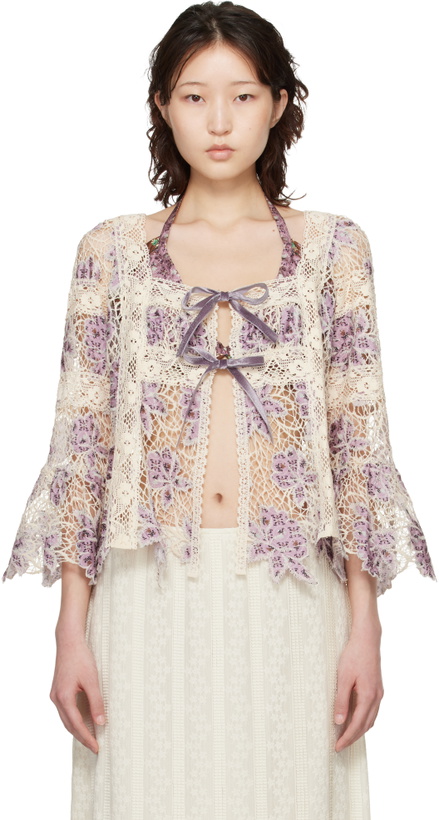Photo: Anna Sui Purple & Off-White Medallion Floral Lace Tie Blouse