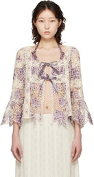 Anna Sui Purple & Off-White Medallion Floral Lace Tie Blouse