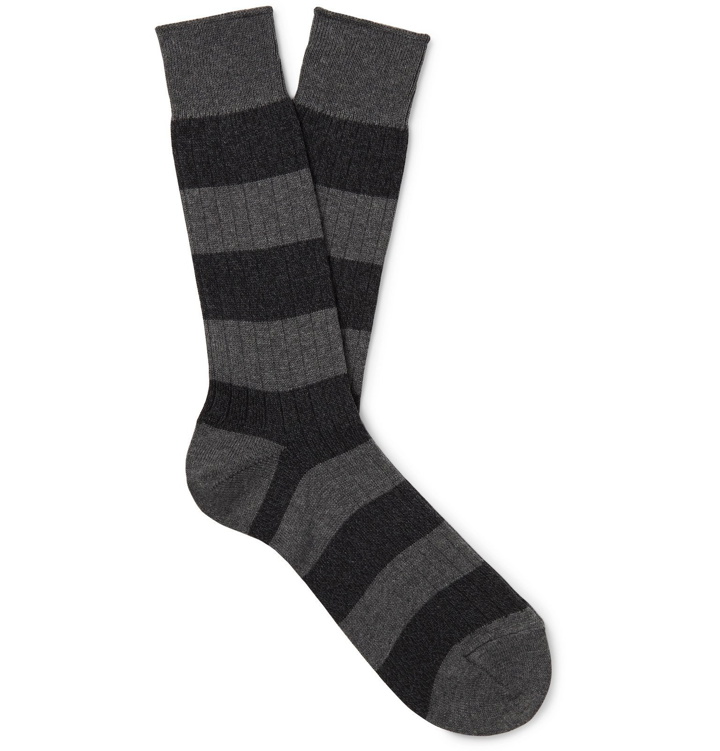 Photo: Mr P. - Striped Mélange Cotton-Blend Socks - Gray