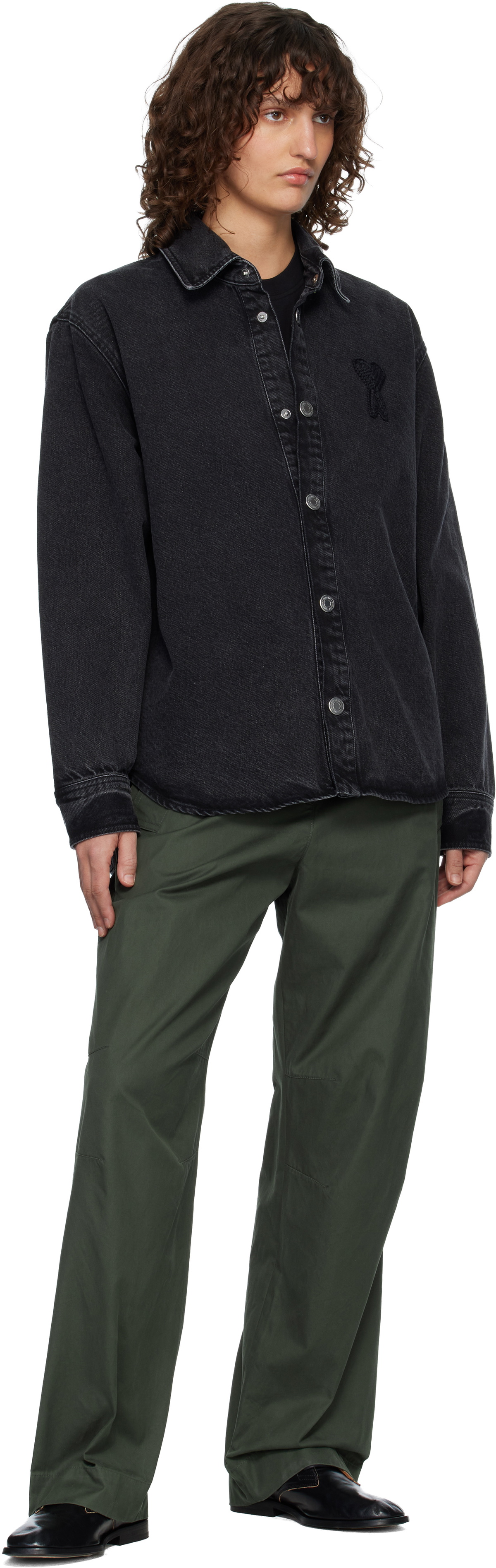 AMI Paris Black Cotton Knitted Ami de Coeur Denim Overshirt