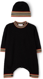 Burberry Baby Black Wool Icon Stripe Bodysuit & Beanie Set
