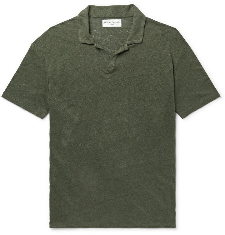 Photo: Officine Generale - Simon Garment-Dyed Slub Linen Polo Shirt - Army green