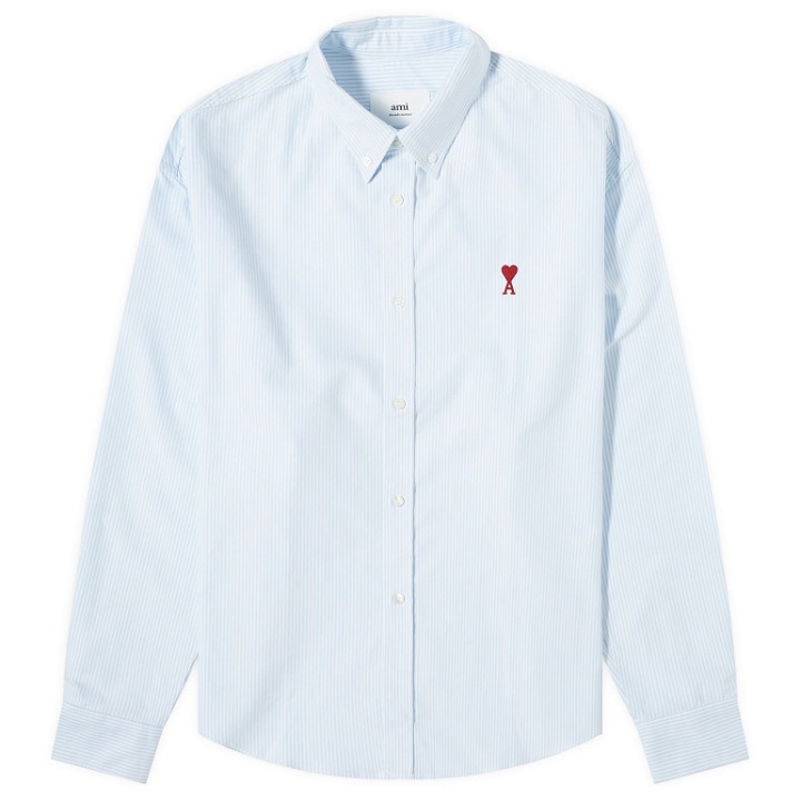 Photo: AMI Paris Men's Heart Striped Button Down Oxford Shirt in Sky Blue/White