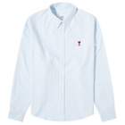 AMI Paris Men's Heart Striped Button Down Oxford Shirt in Sky Blue/White