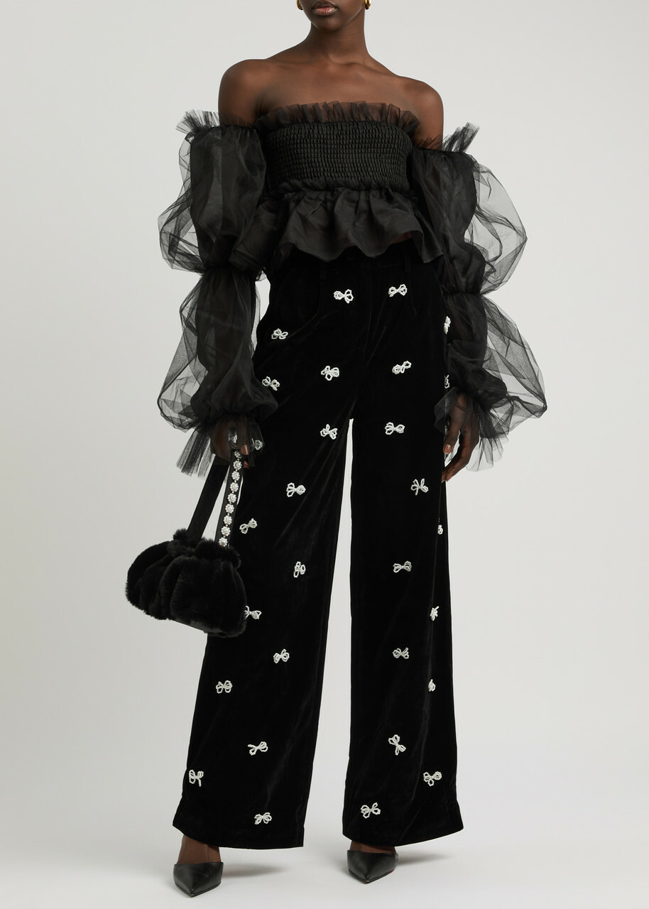 Sister Jane Invitation Embellished Velvet Trousers Black