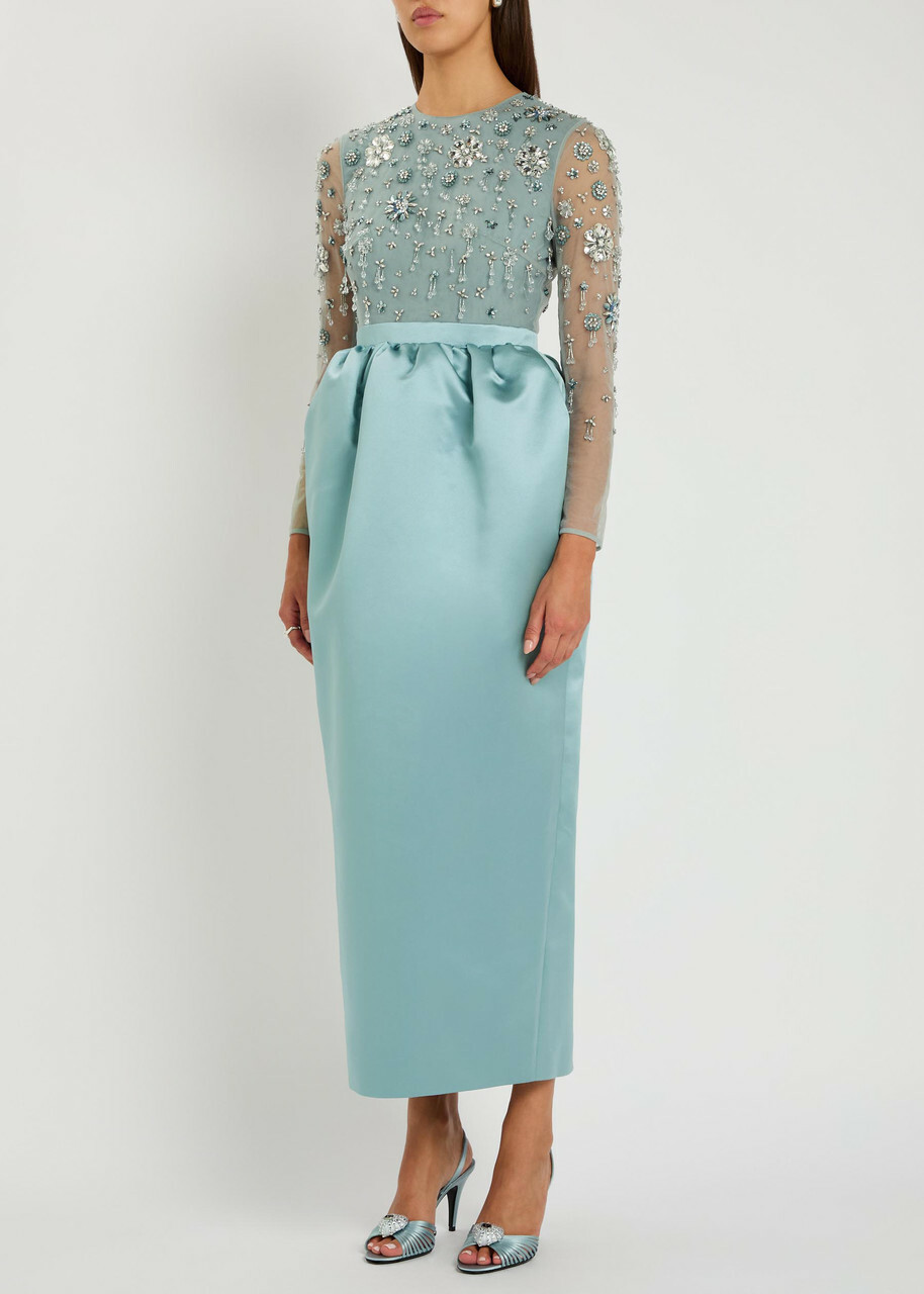 Huishan Zhang Starla Embellished Duchess Satin and Tulle Midi Dress Grey