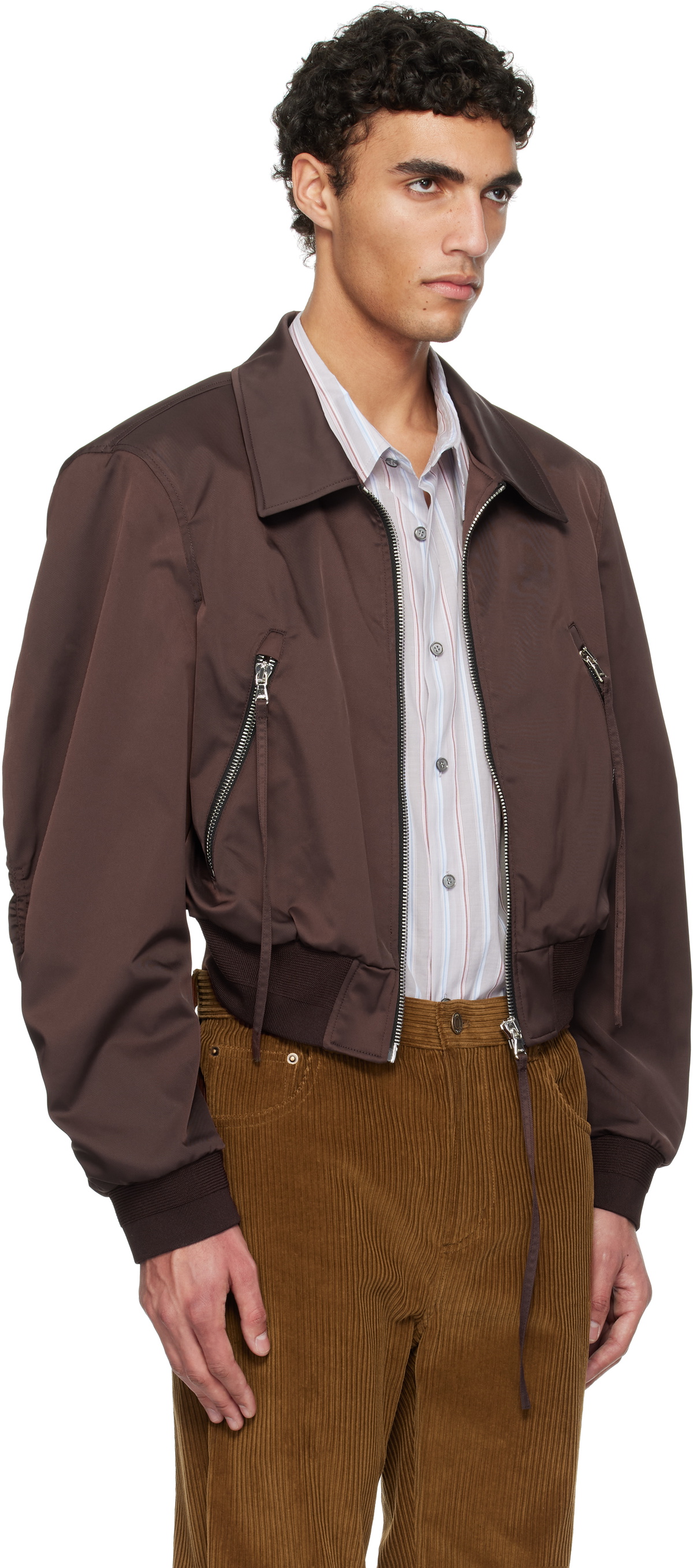 RECTO Brown Zipper Details Structured Tim Bomber Jacket