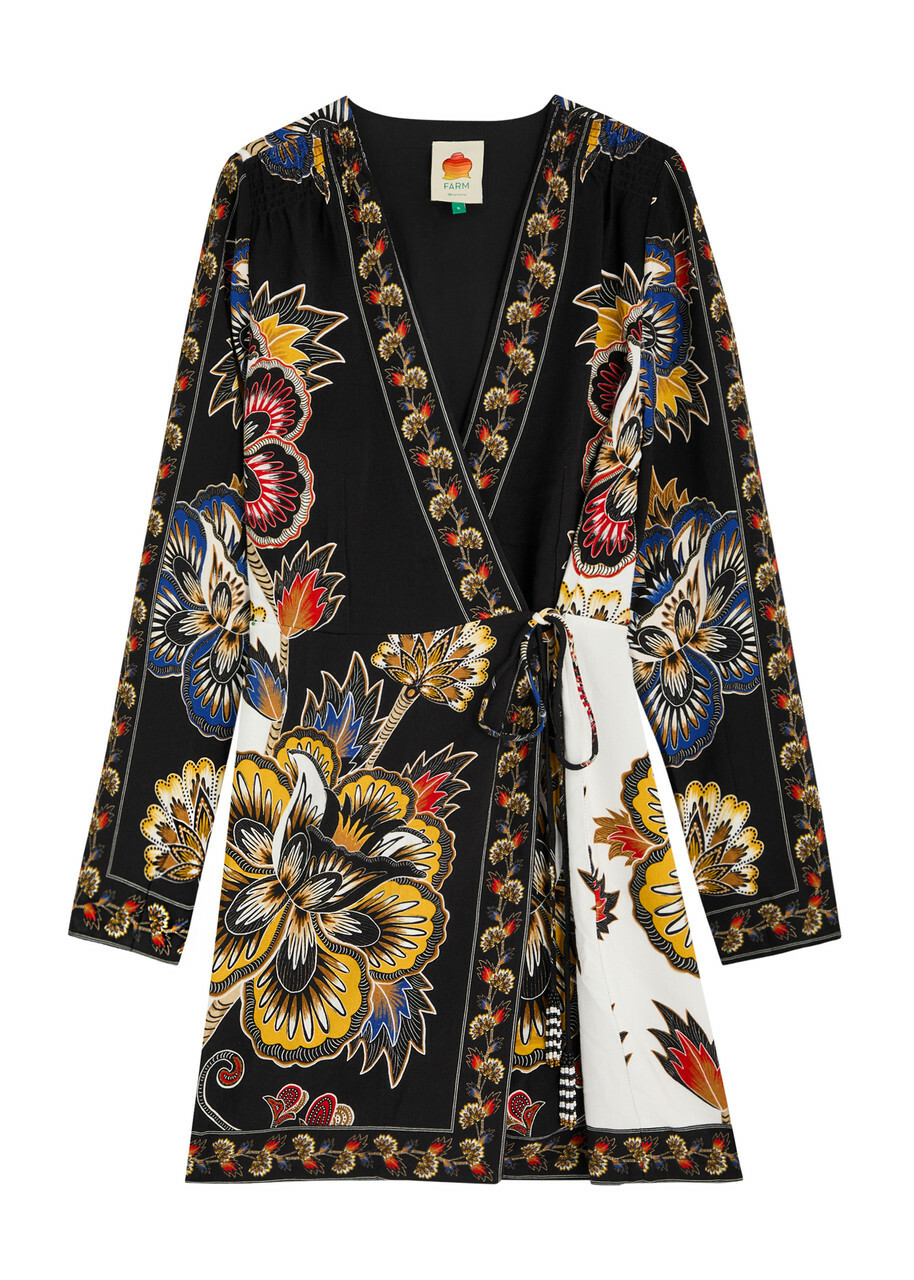 Farm Rio Maxi Floral-print Crepe Wrap Mini Dress Black