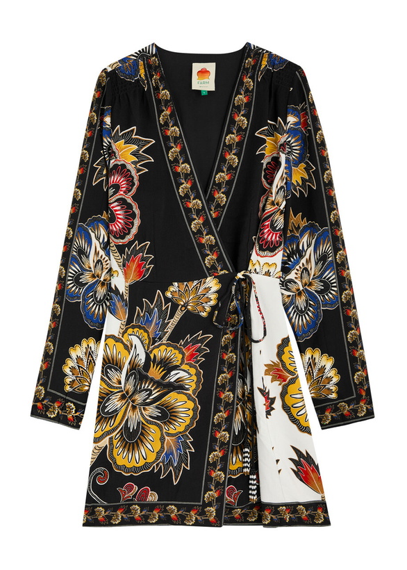 Photo: Farm Rio Maxi Floral-print Crepe Wrap Mini Dress Black