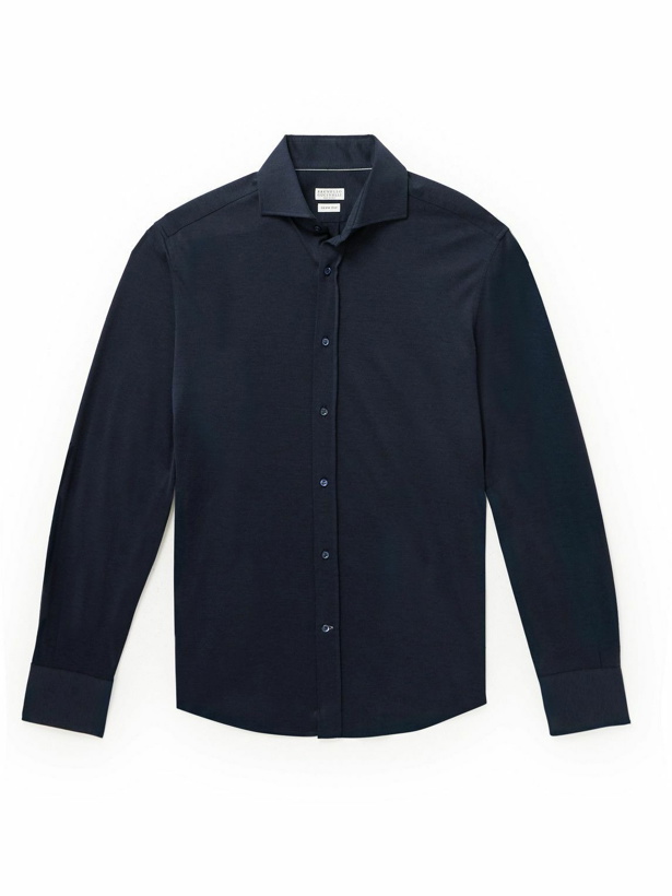 Photo: Brunello Cucinelli - Cutaway-Collar Silk and Cotton-Blend Shirt - Blue