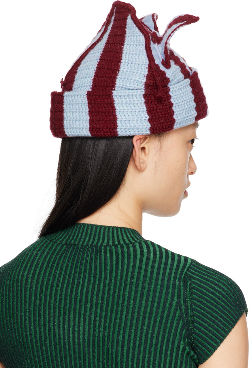 Charles Jeffrey LOVERBOY Burgundy & Blue Striped Ears Beanie