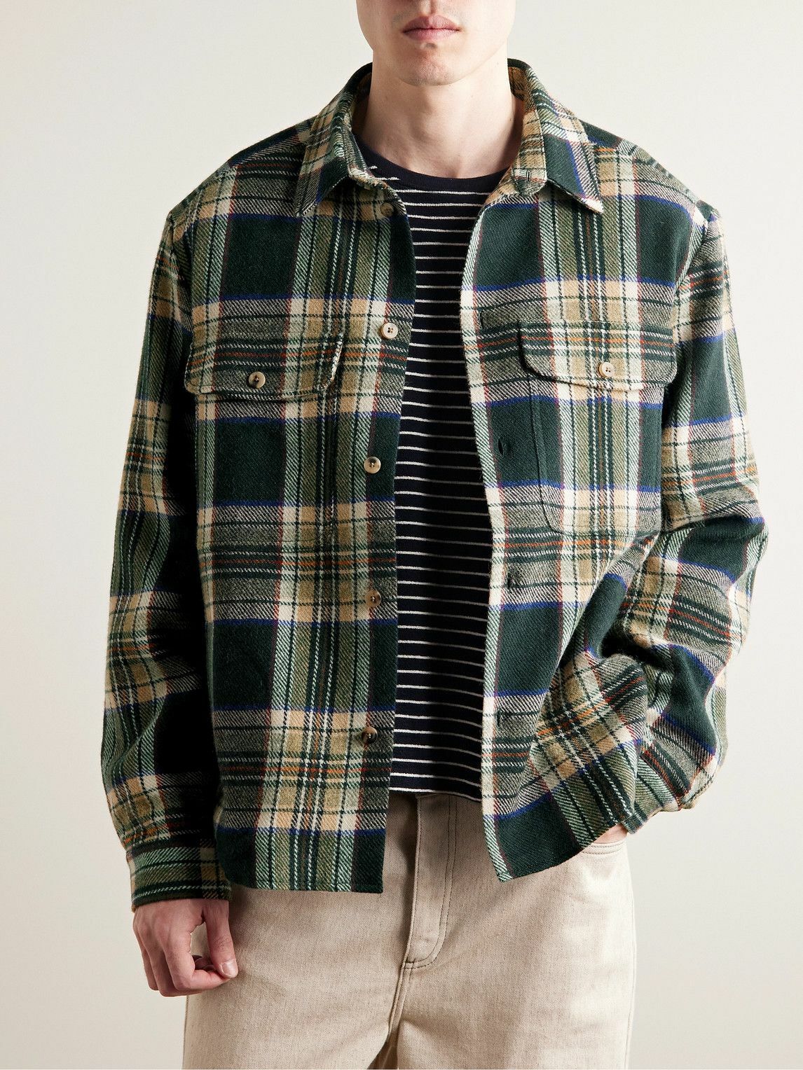 De Bonne Facture Wool Checkered Cardigan Overshirt in navy, copper, and beige checked wool