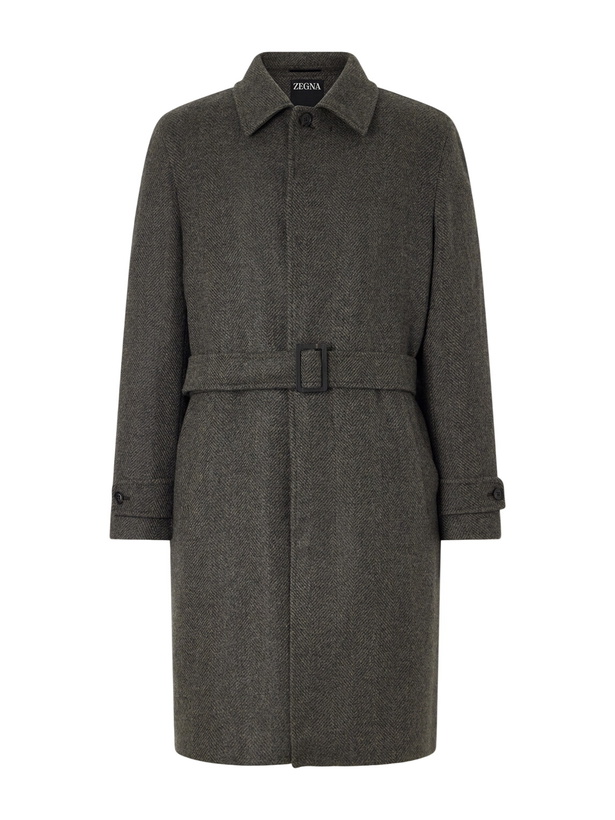Photo: Zegna - Oasi Belted Herringbone Cashmere Trench Coat - Green