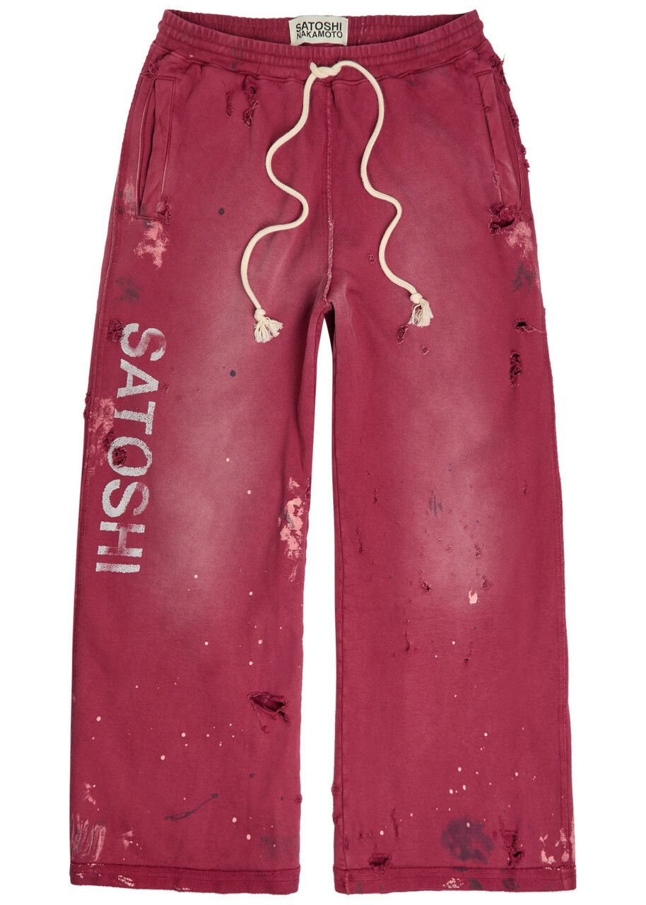 Satoshi Nakamoto Luke Printed Distressed Cotton Sweatpants Burgundy