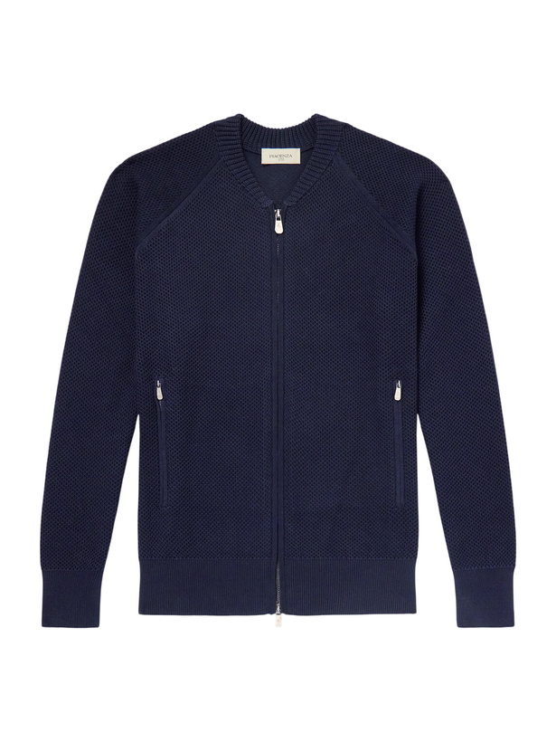 Photo: PIACENZA 1733 - Slim-Fit Honeycomb-Knit Cotton Bomber Jacket - Blue