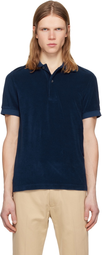 Photo: TOM FORD Navy Towelling Short Sleeve Polo