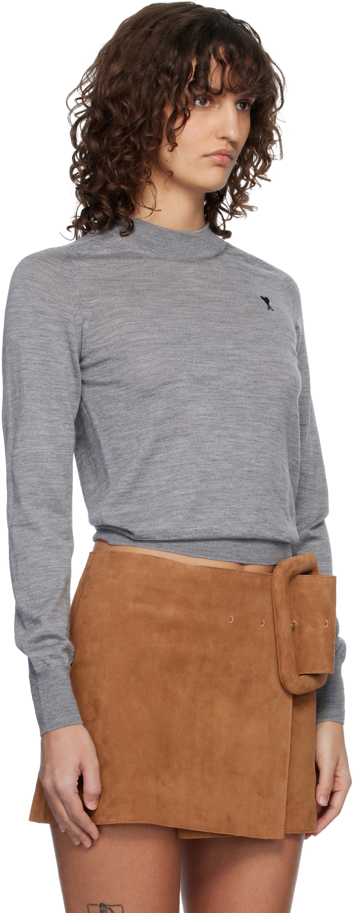 AMI Paris Gray Wool Crewneck Ami de Coeur Sweater