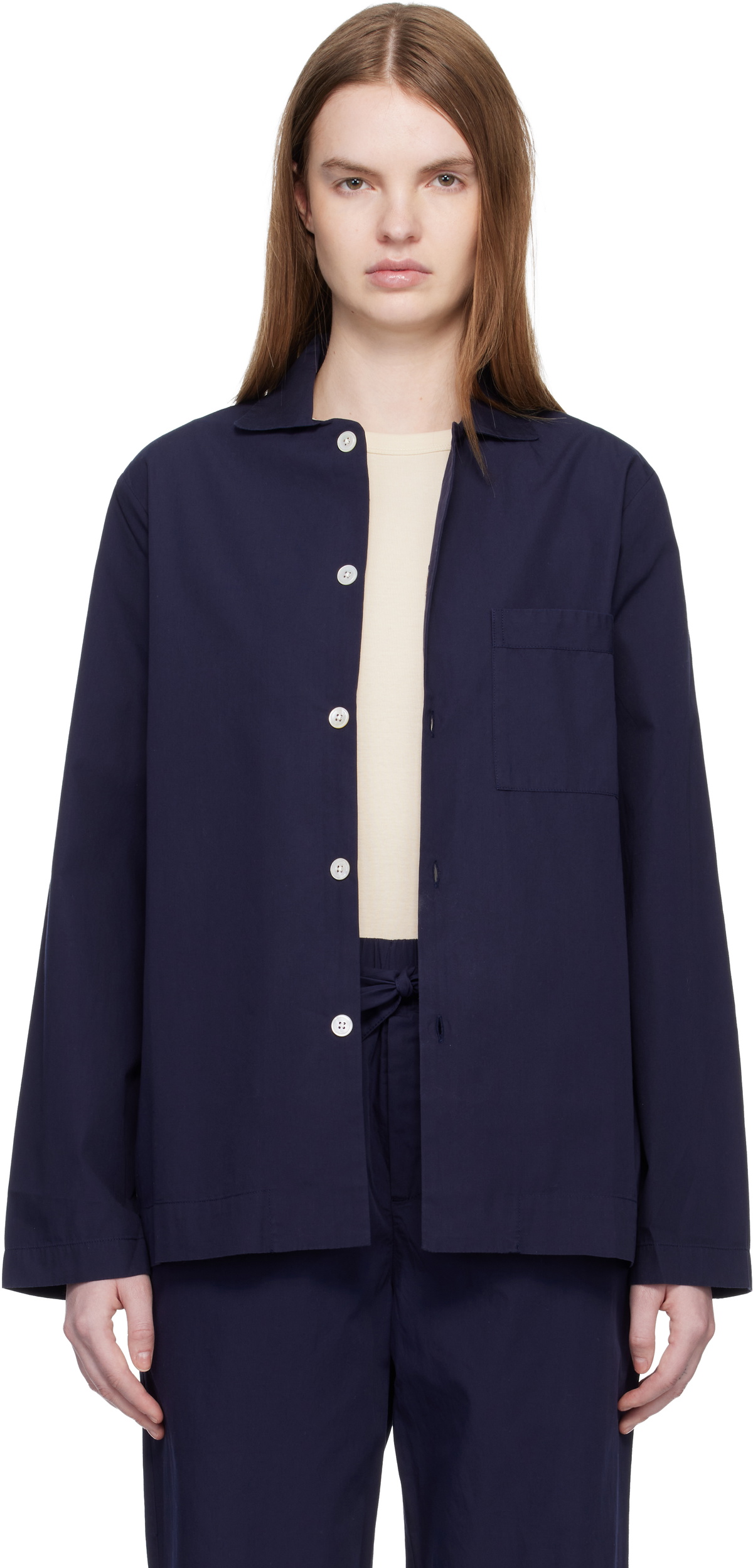 Tekla Navy Poplin Long-Sleeved Pyjama Shirt