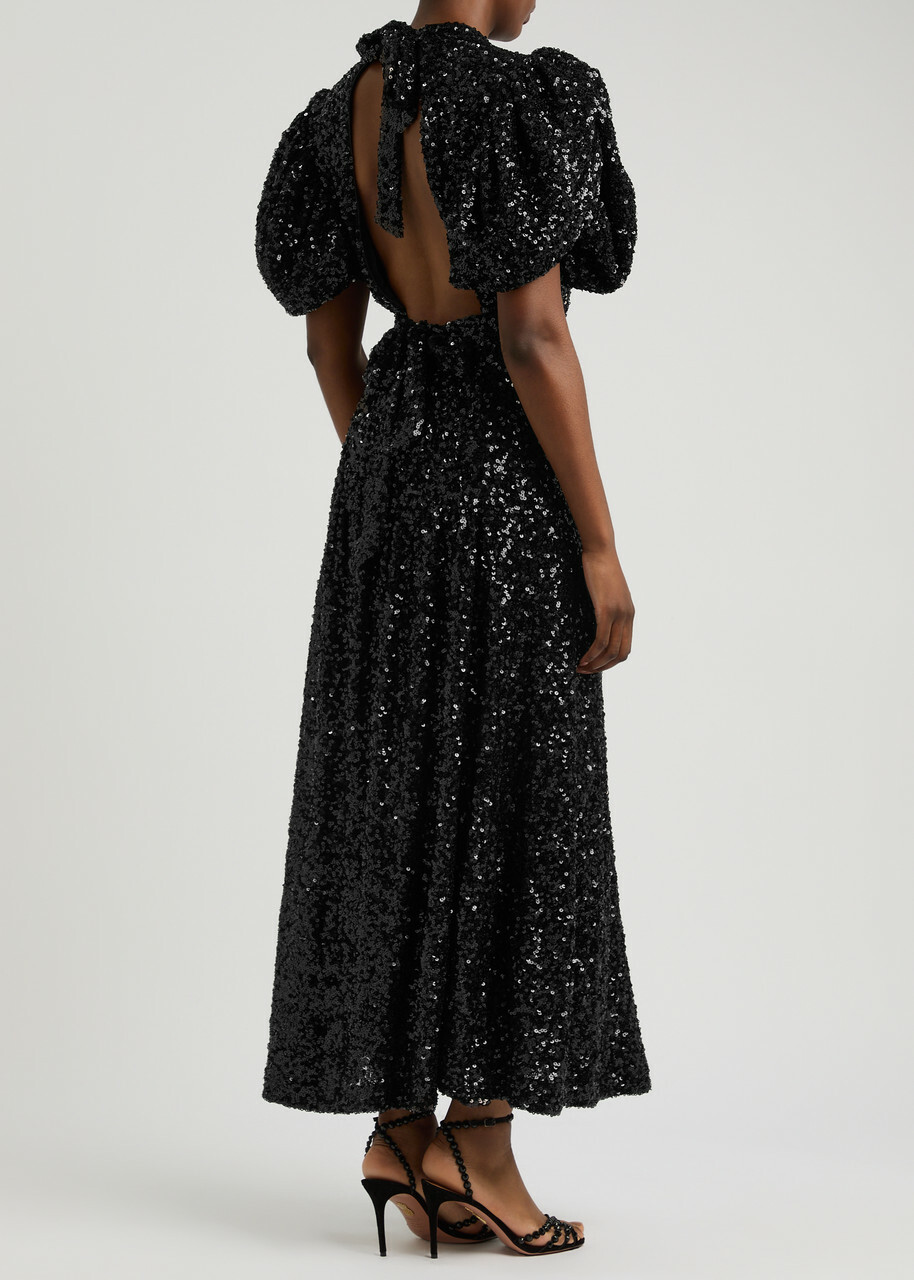 Rotate Birger Christensen Open-back Sequin Midi Dress Black