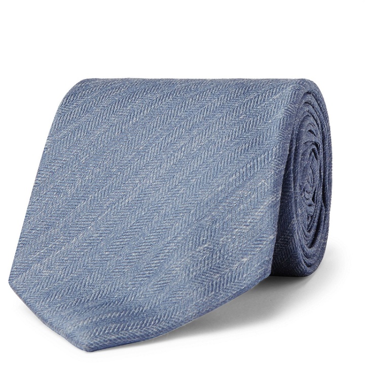 Photo: Bigi - 8cm Herringbone Silk and Linen-Blend Tie - Blue