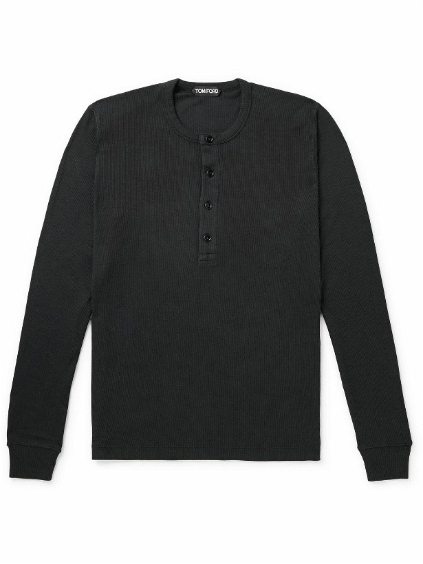Photo: TOM FORD - Slim-Fit Ribbed Stretch Lyocell and Cotton-Blend Henley T-Shirt - Black