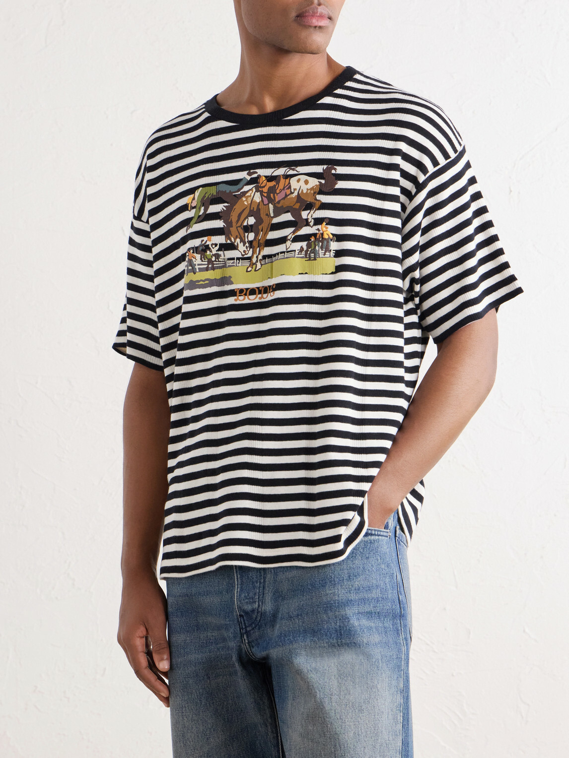 BODE - Printed Striped Ribbed Cotton-Jersey T-Shirt - Black