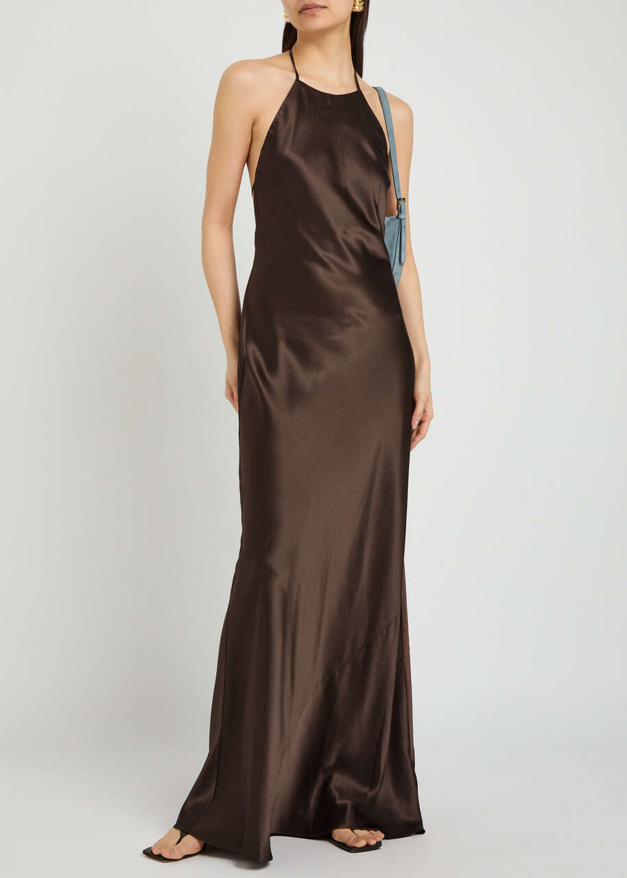 Reformation Jeany Halterneck Silk Maxi Dress Brown