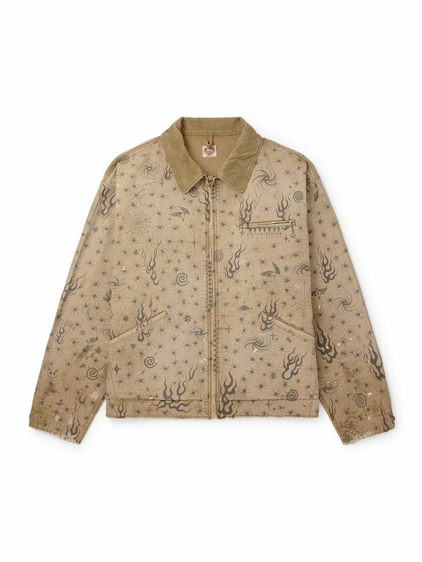 Photo: SAINT MXXXXXX - Dr. Woo Corduroy-Trimmed Distressed Printed Cotton-Canvas Jacket - Neutrals