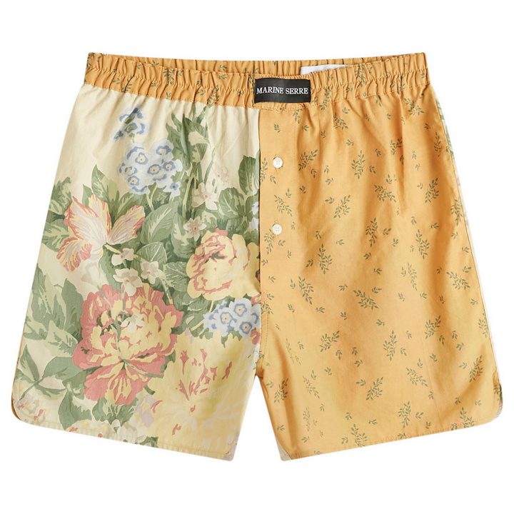 Photo: Marine Serre Women's Upcycled Floral Linen Shorts in Gravel
