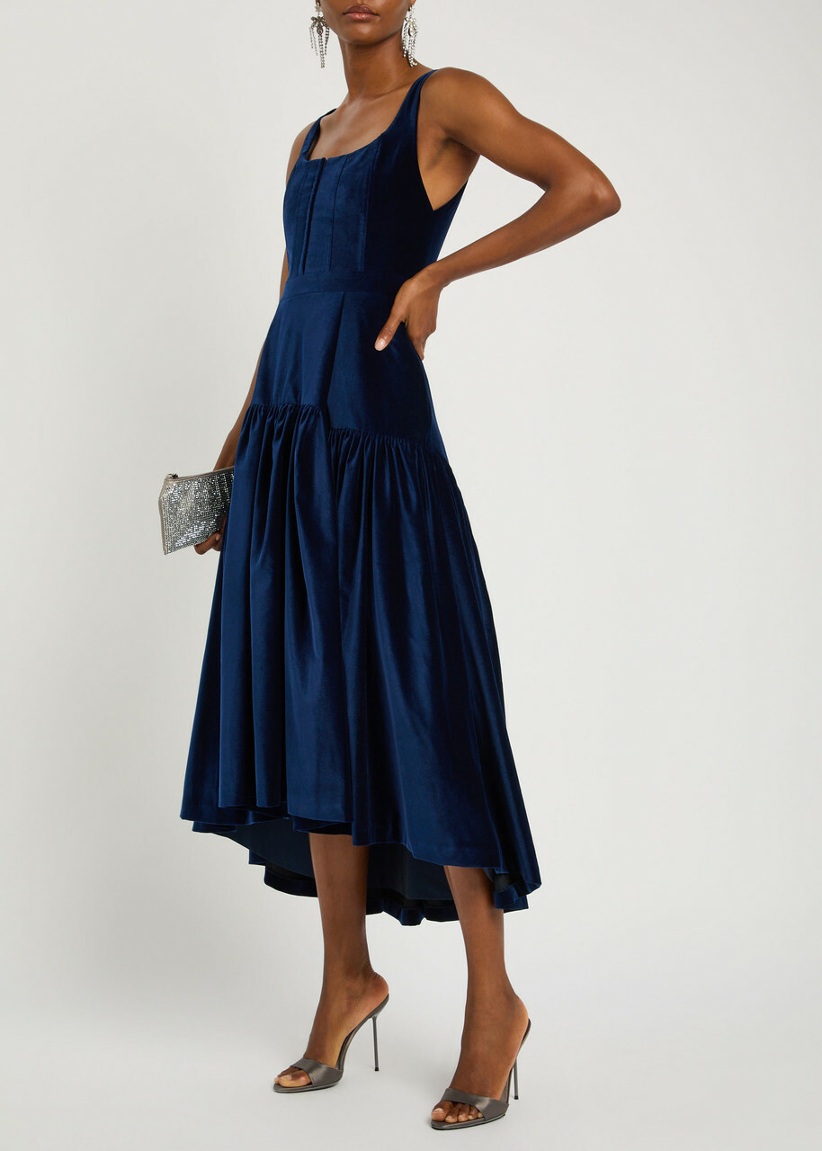 Alice + Olivia Diana Structured Velvet Midi Dress Dark Blue
