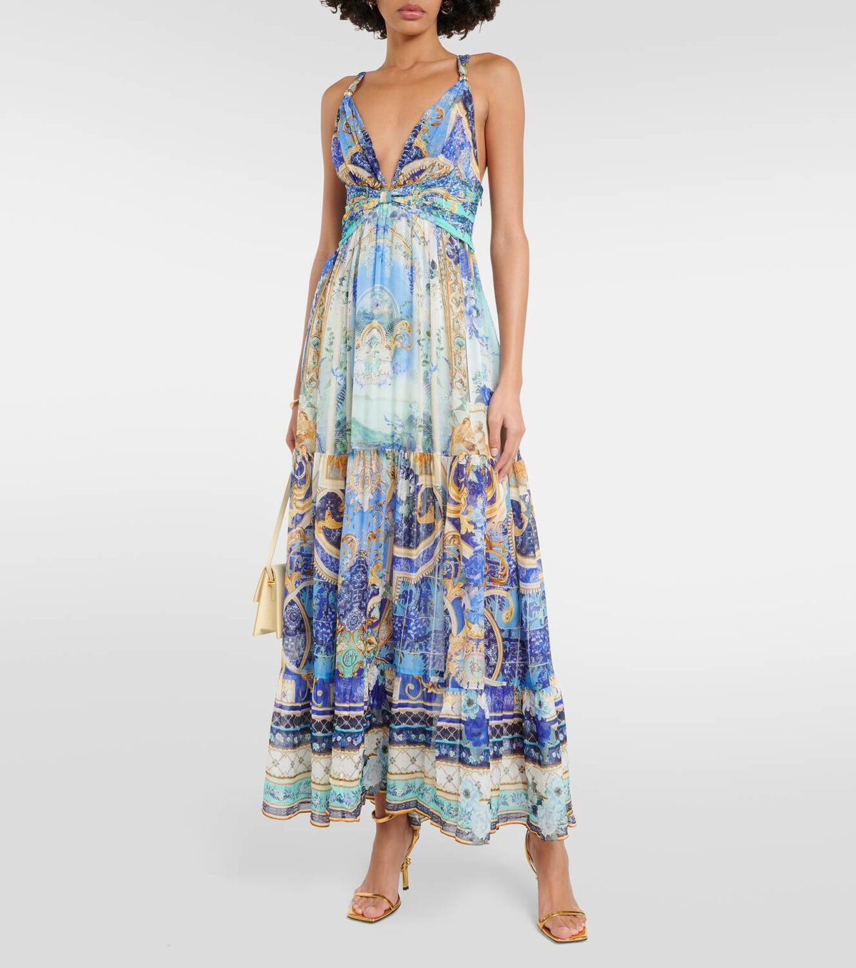 knee length dresses for ladies Bow-embellished floral jacquard and crepe maxi dress main image 1