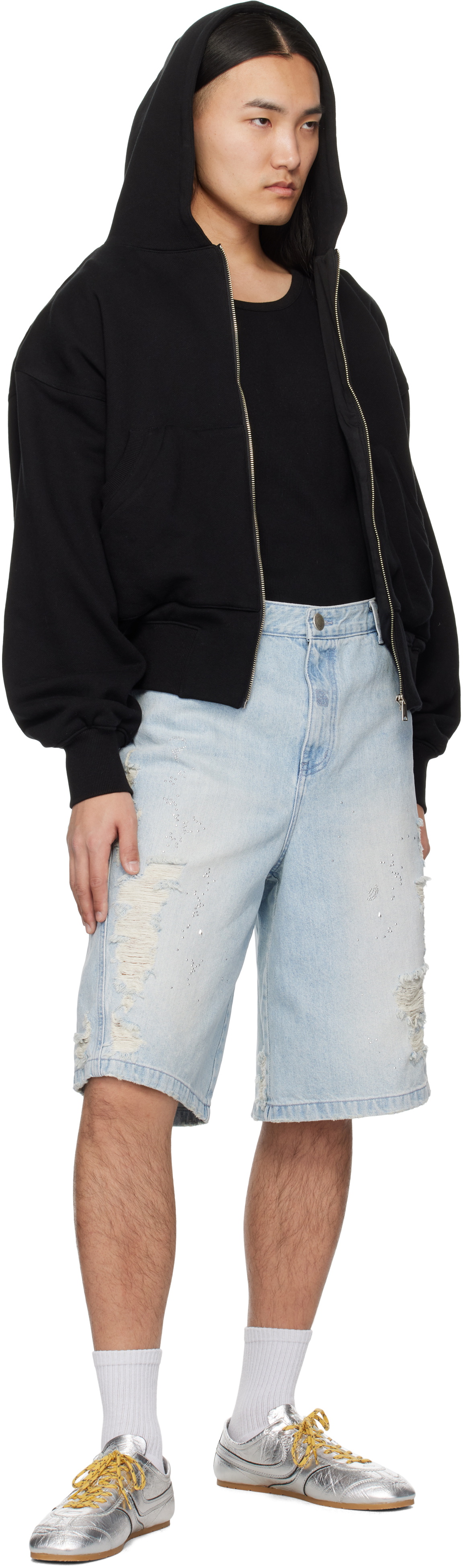 lesugiatelier Blue Crystal Embellished Ripped Denim Shorts