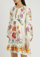 Farm Rio Floral Insects Printed Linen-blend Mini Dress White