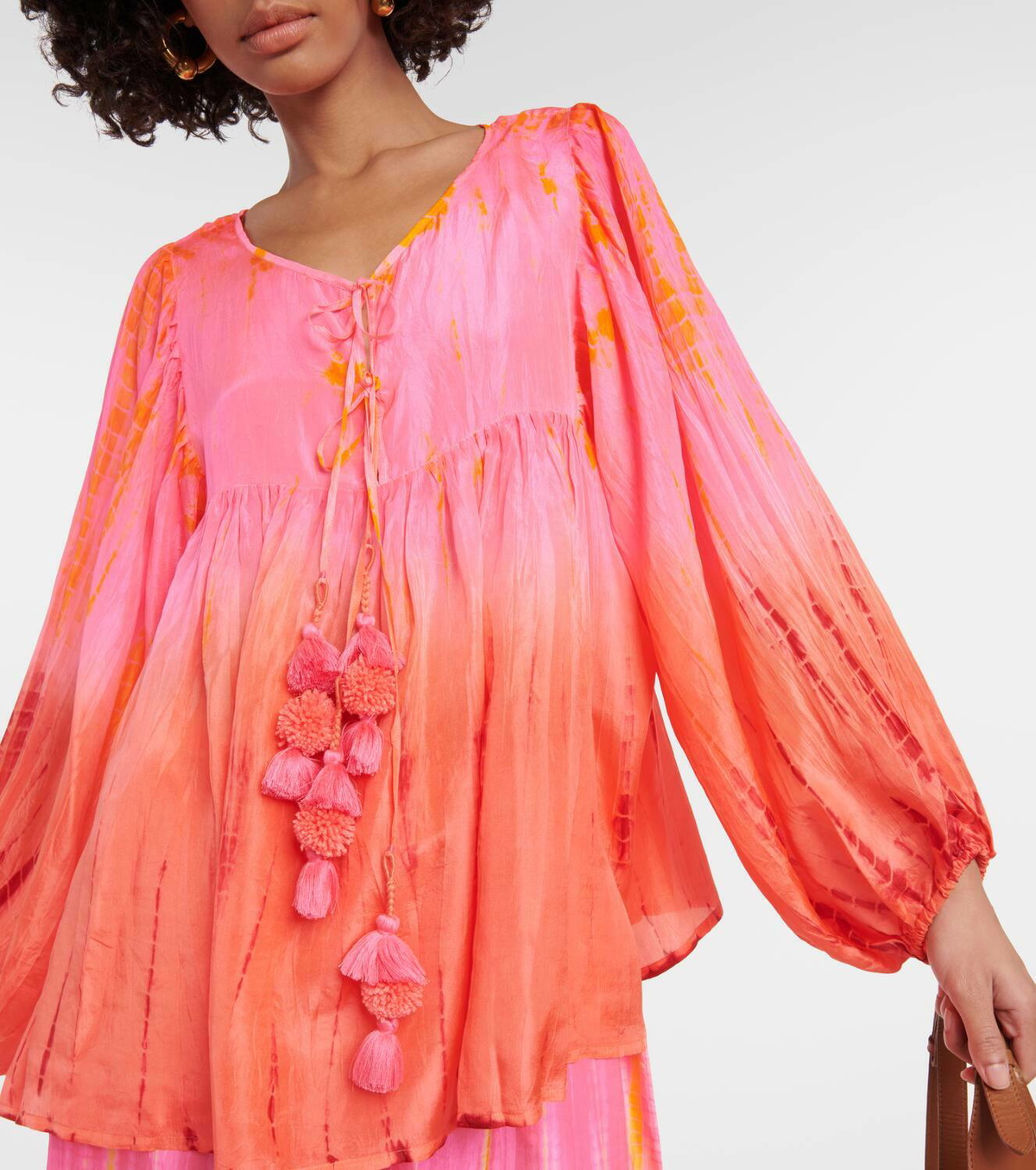 Anna Kosturova Balloon-sleeve tie-dyed pompom silk top