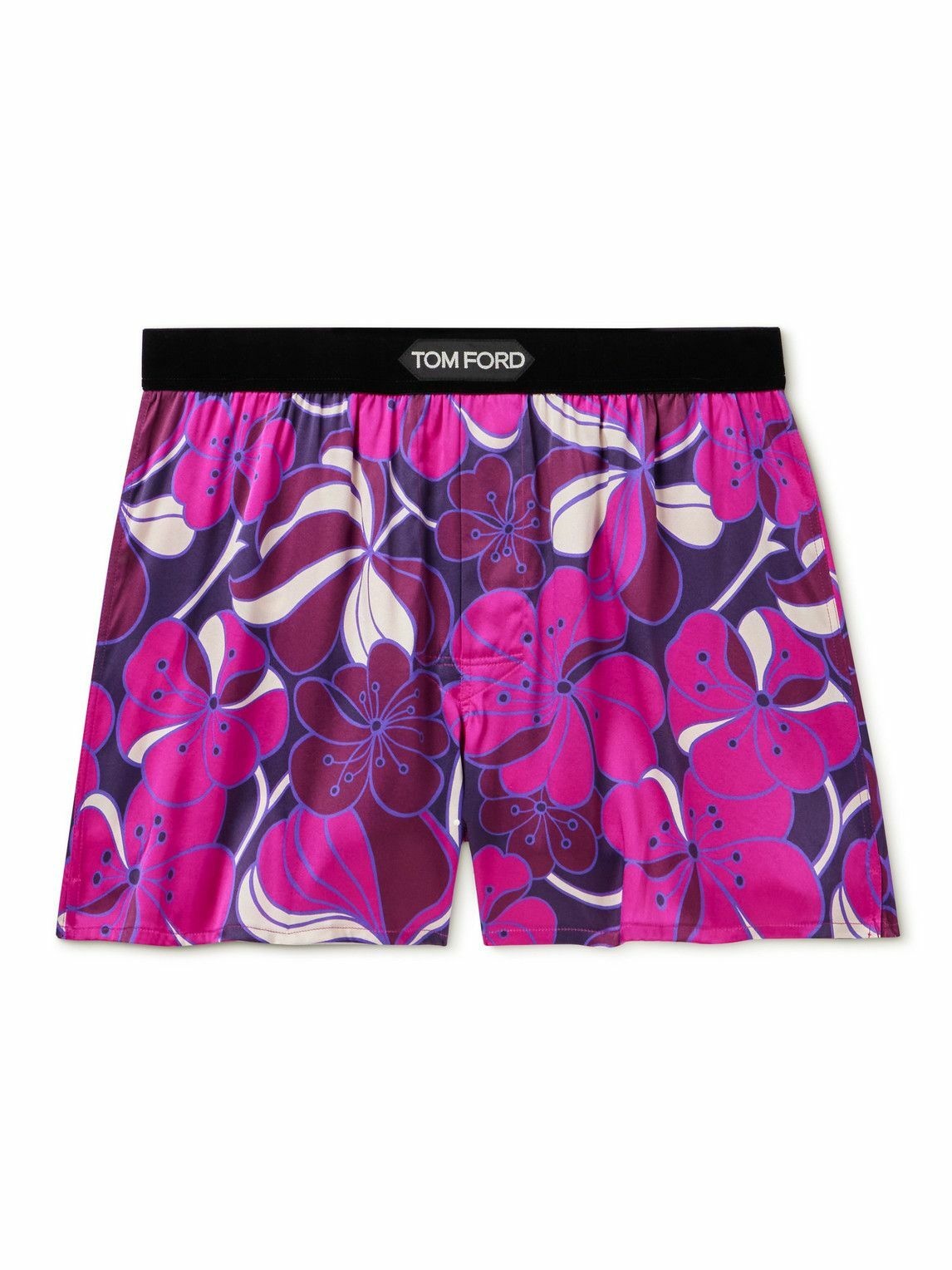 Photo: TOM FORD - Floral-Print Velvet-Trimmed Stretch-Silk Satin Boxer Shorts - Purple
