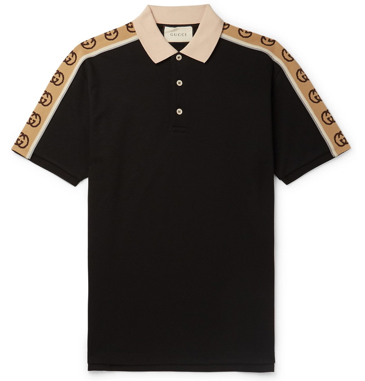 Photo: Gucci - Logo-Jacquard Webbing-Trimmed Stretch-Cotton Piqué Polo Shirt - Black