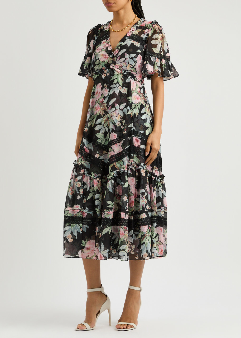 Needle & Thread Paradise Garden Sonata Floral-print Chiffon Midi Dress Black