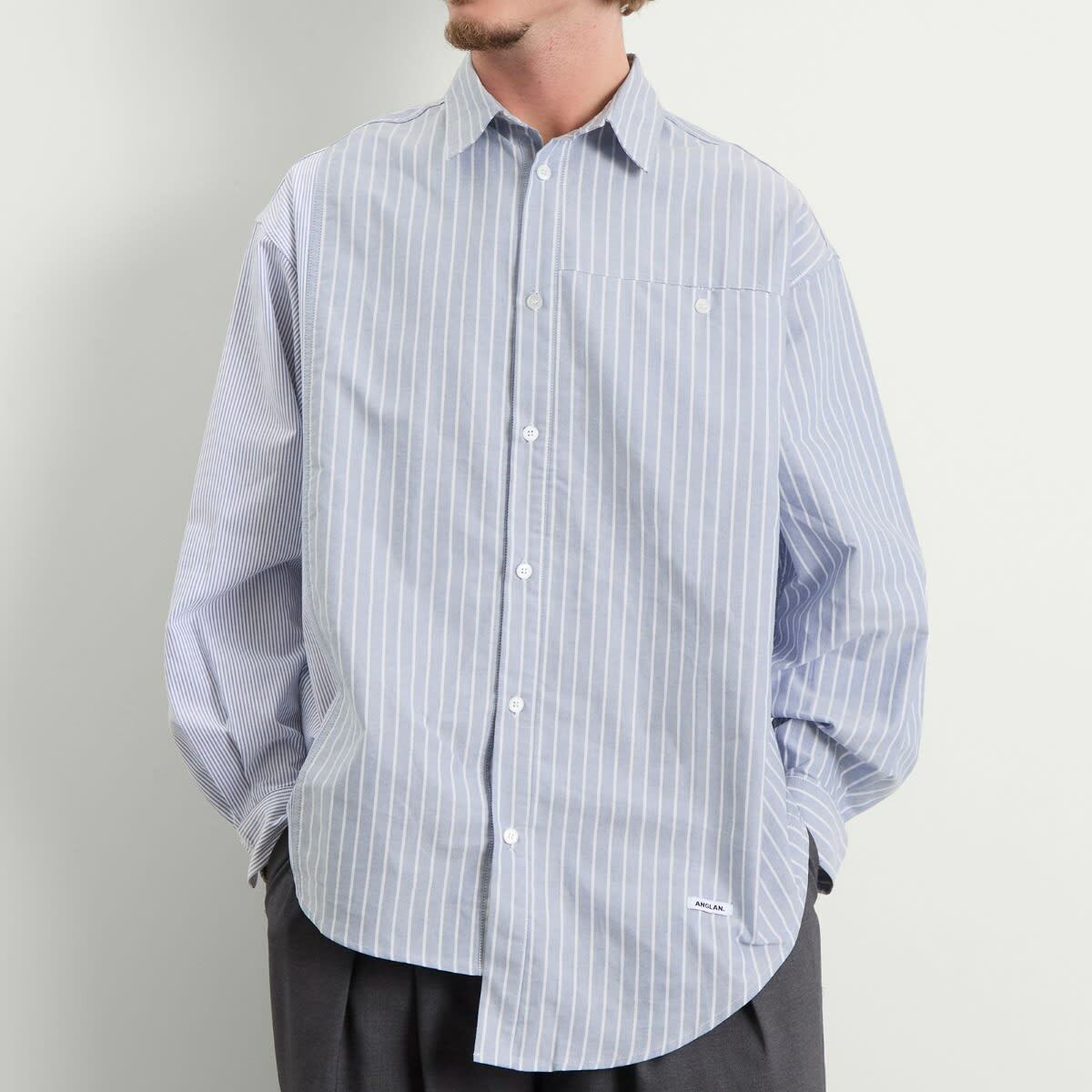 Anglan Men's Unbalance Patch Big Shirt in Striped