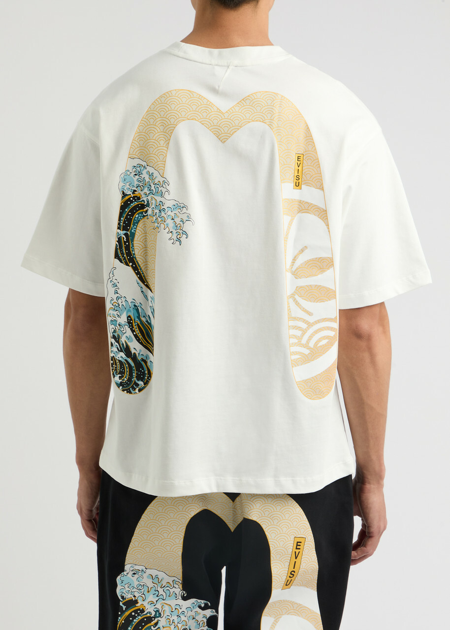 Evisu Kamon and The Great Wave Printed Cotton T-shirt Off White