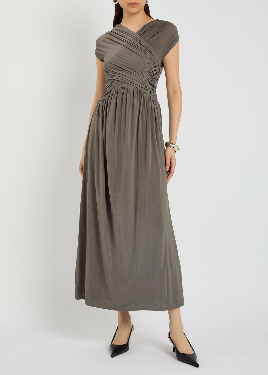 Tove Freja Cross-over Ruched Stretch-jersey Midi Dress Dark Green