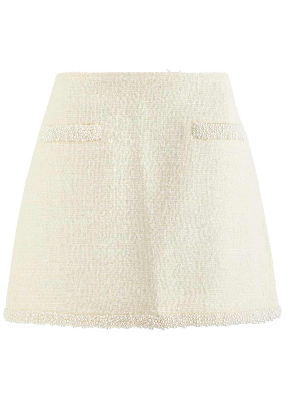 Self-portrait Pearl and Sequin-embellished Tweed Mini Skirt Cream